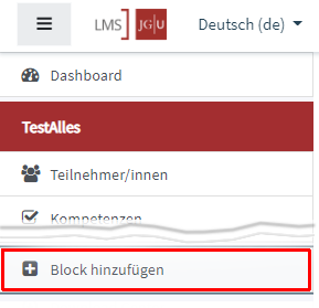 Linke Navigationsleiste, unterbrochen: Markierung auf Block hinzufügen.